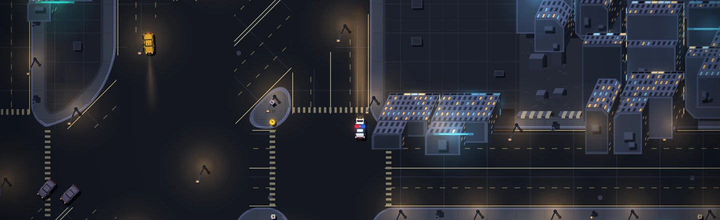 No interface, lights off: the patrol car on a night street with its headlights on, a taxi crossing at the top left, parked cars at the bottom left, and a dense grid of lit buildings filling the right.
