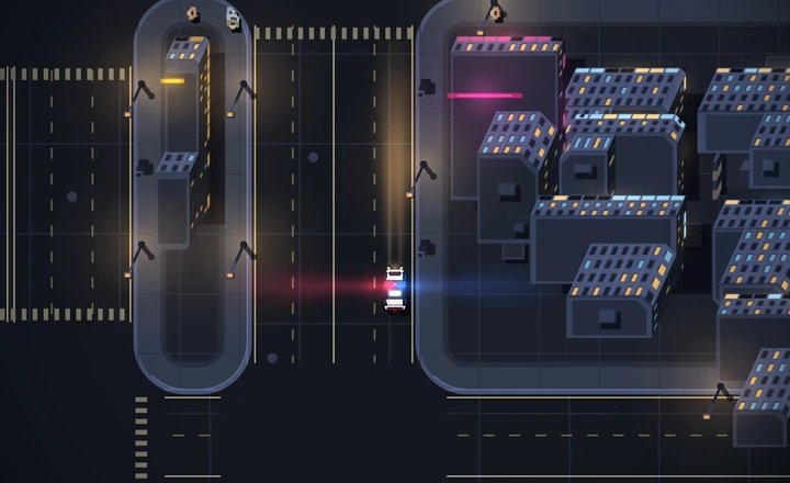 No interface, siren on, moving: the patrol car mid-frame on a night street with red bloom thrown to its left and blue to its right, a lamp-lined block and a slip road to the left, a dense cluster of small lit buildings with a pink neon strip to the right, and two pedestrians at the top edge.