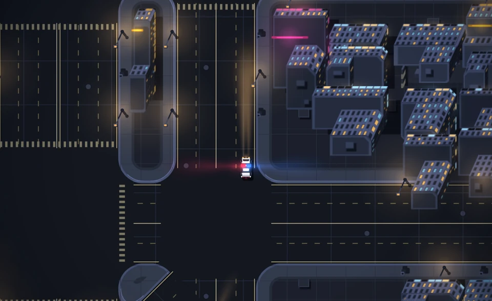 No interface, siren on, moving: the patrol car mid-frame on a night street with red bloom thrown to its left and blue to its right, a lamp-lined block and a slip road to the left, and a dense grid of lit buildings with a pink neon strip filling the right. The same pinned pose as band-hero at a wider viewport, so the field of view is wider and the city runs further to the right.
