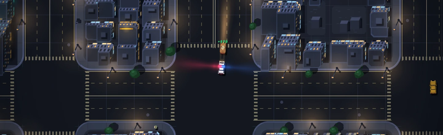 A stop being written: the patrol car with its siren on, red thrown one way and blue the other, pulled up close behind a stopped car with a green money gain and a puff of paper over it.