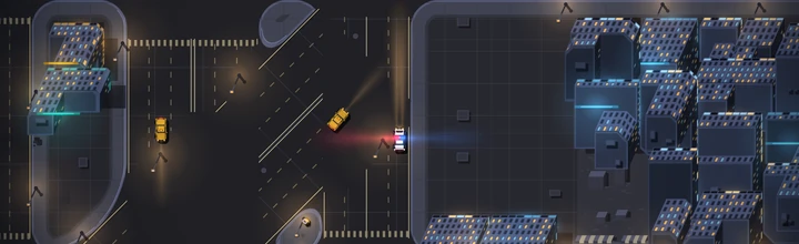 No interface, night 1 dusk, siren on: the patrol car centre-right at a wide junction with a taxi ahead of it and another to the left, a diagonal slip road and a park corner to the left, lit blocks filling the right, the ground warmer than at deep night.