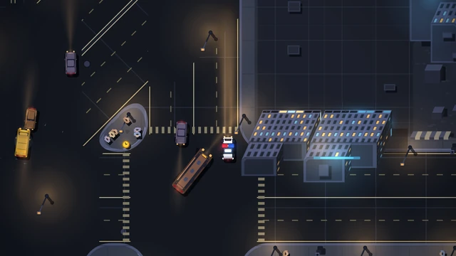 No interface: the patrol car with its lights off passing a small plaza with pedestrians and a fountain, a bus and a grey car beside it, a taxi and two cars at the left, two lit blocks with a cyan sign to the right.