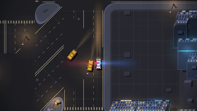 No interface, night 1 at dusk: the patrol car with the siren on beside two taxis at a wide junction, a slip road to the left, a park corner top left, lit blocks to the right, and the ground warmer than at deep night.