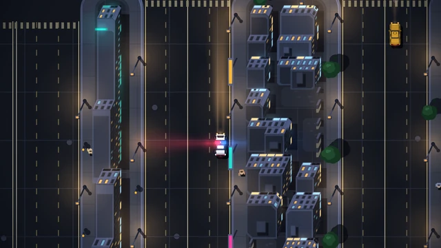 No interface, siren on: the car rolling to a stop between a tall teal-edged tower and a cluster of small lit blocks with orange and cyan sign lights, pedestrians on both pavements, a taxi at the top right. (The pose is named for the shore road the study frame stood on; this build's pinned coordinate lands one block short of it.)