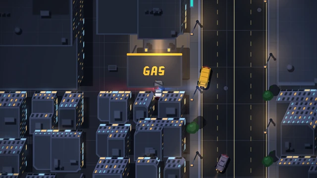 No interface: the car on a filling-station forecourt under the GAS sign with the siren on, a taxi passing on the arterial to the right, a grid of small lit buildings around it.