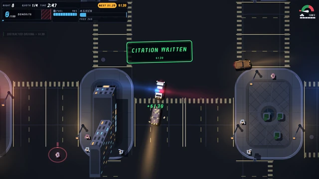 The moment a ticket lands: a green CITATION WRITTEN $130 stamp, +$130 and paper over the stopped DISTRACTED DRIVING car under the lit patrol car, a NEXT x1.25 combo chip and $130 in the HUD, pedestrians on the pavement and a plaza with trees at the right.