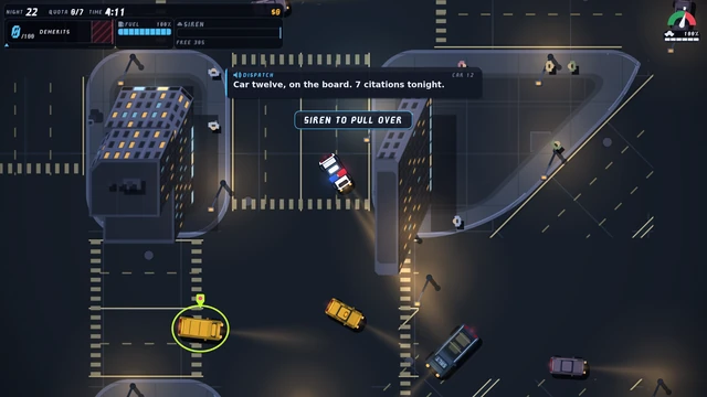 Night 22 before dawn: the patrol car angled at a junction beside two lit blocks, a taxi and a Salt Haulage flatbed below it, a ringed violator lower left, and the whole frame cooler and lighter than the deep-night frames.