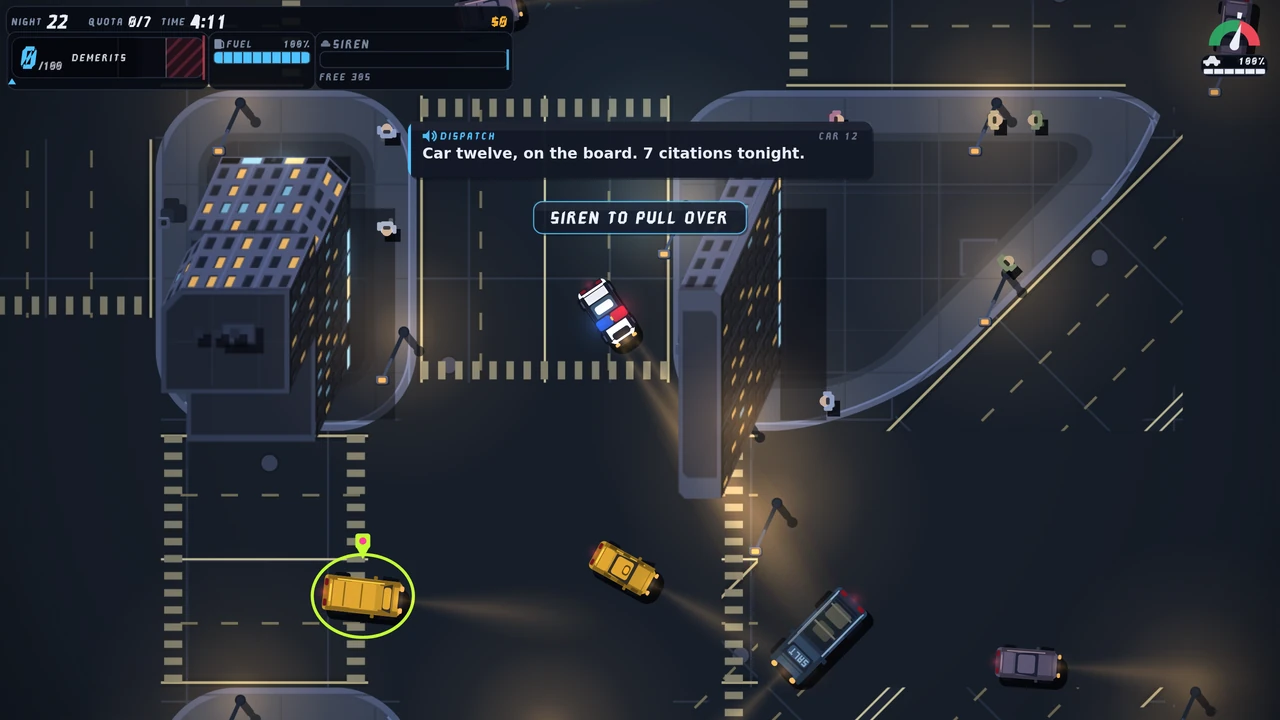 Night 22 before dawn: the patrol car angled at a junction beside two lit blocks, a taxi and a Salt Haulage flatbed below it, a ringed violator lower left, and the whole frame cooler and lighter than the deep-night frames.