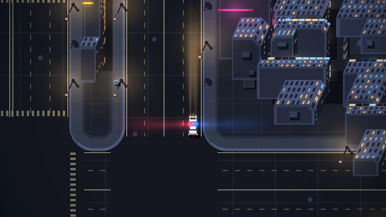 A patrol car on a narrow night street with the siren on, red thrown one way and blue the other, lit blocks either side and a pedestrian on the left pavement.
