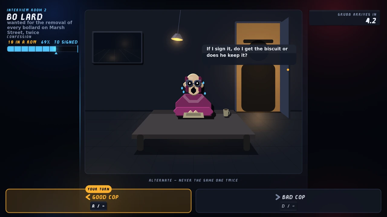 Interview Room 2 mid-round: the suspect sweating at a table under a lamp, the door opening on a silhouette, a part-filled confession meter, and good cop and bad cop to choose between.