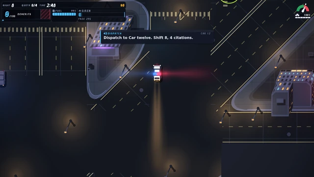 Night 8 with the siren on: the patrol car heading down a diagonal street between a purple-signed block and a lit cluster, red bloom to the right and blue to the left, headlights ahead, the dispatch subtitle "Dispatch to Car twelve. Shift 8, 4 citations." and the HUD band top-left; a lime violator ring is just off the top edge.