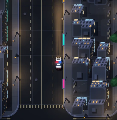 No interface, lights off, portrait: the patrol car alone driving up a wide arterial with its headlights on, a lamp-lined carriageway and a crossing to the left, a dense grid of lit buildings with teal and pink sign strips to the right.