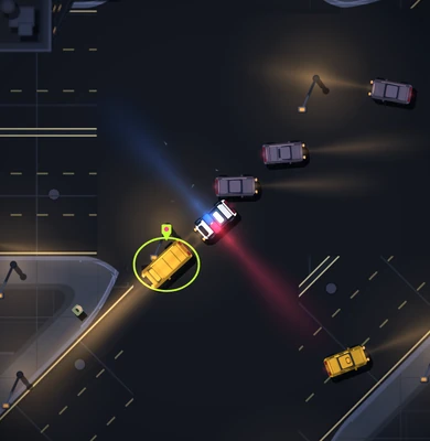 Portrait, siren on: the patrol car pulled up right behind a lime-ringed yellow taxi carrying its marker pin, blue thrown ahead and red behind, on a diagonal arterial with three more cars queued away from it and a lit slip road at the left.