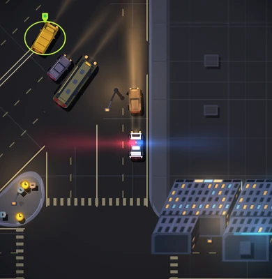 No interface, night 1 dusk, siren on, portrait: the patrol car on a wide arterial with red thrown left and blue right, a lime-ringed taxi and its marker pin at the top left, a bus and two cars ahead of it, a small lamp-lit park at the bottom left and lit blocks at the bottom right.