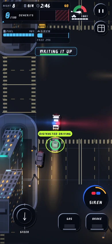The write-up on the phone: WRITING IT UP with its progress bar, the DISTRACTED DRIVING car ringed in lime and stopped in front of the lit patrol car, siren on, 0/4 and $0 in the HUD (the stamp lands a third of a second later).