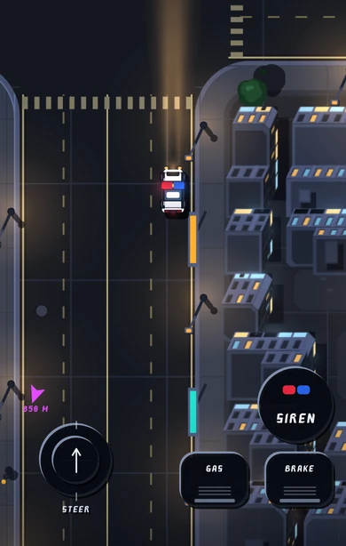 No dispatch card, no callout chips and no readout: the patrol car alone on a wide arterial with its headlights on, crossing stripes above it and a dense grid of lit blocks down the right, with the touch controls low in the frame -- the steer pad at the bottom left, the round SIREN button and the GAS and BRAKE slabs at the bottom right -- and a magenta waypoint arrow reading 850 M at the left edge.