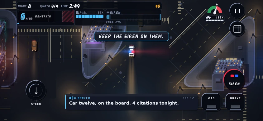 Landscape phone with a cutout: night 8 with the siren on, the HUD and both control columns inset from the screen edges, KEEP THE SIREN ON THEM. and a dispatch subtitle above the home-indicator strip.