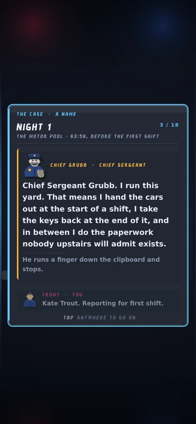 The motor-pool handover card on the phone, page 3 of 18: Chief Grubb's portrait and his line about running the yard, the stage direction "He runs a finger down the clipboard and stops." under it, and Trout's retained "Kate Trout. Reporting for first shift." in a dimmed box, over a dark set with faint red and blue glow in the top corners.