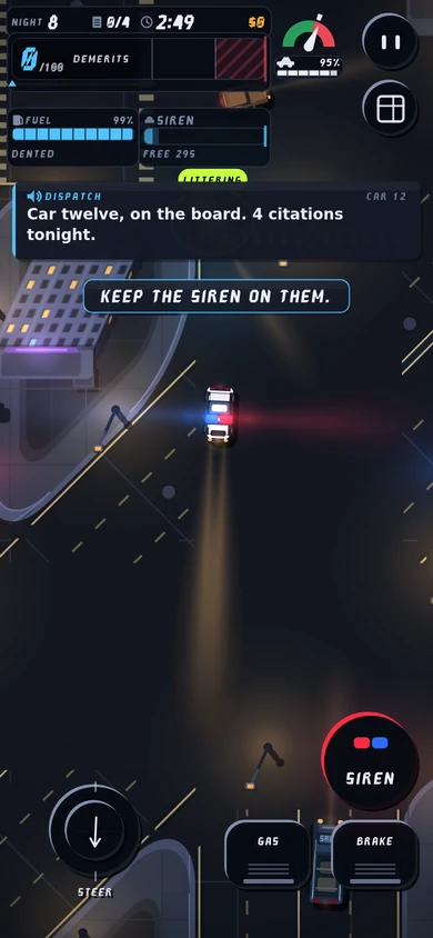 Phone patrol with the siren on: the car on a diagonal street with red and blue blooms, the dispatch subtitle and KEEP THE SIREN ON THEM., a LITTERING callout half hidden behind the subtitle, the steering pad, the round SIREN button and the GAS and BRAKE pedals.