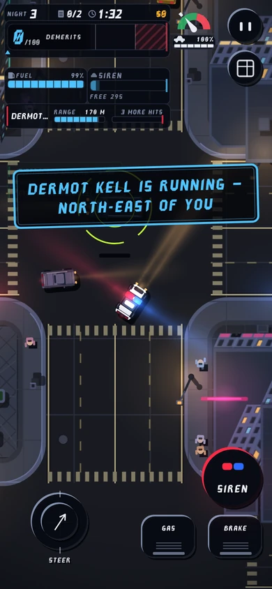 The chase on the phone: DERMOT KELL IS RUNNING banner, the chase plate with RANGE and 3 MORE HITS, the runner's grey car beside the lit patrol car.
