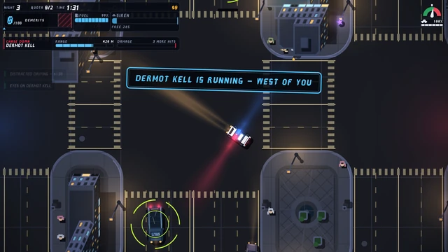 The chase: the banner DERMOT KELL IS RUNNING - WEST OF YOU, a CHASE DOWN plate with RANGE 420 M and DAMAGE 3 MORE HITS, the patrol car sliding through a junction with the siren on, and Kell's Salt Haulage flatbed ringed in lime at the bottom edge.