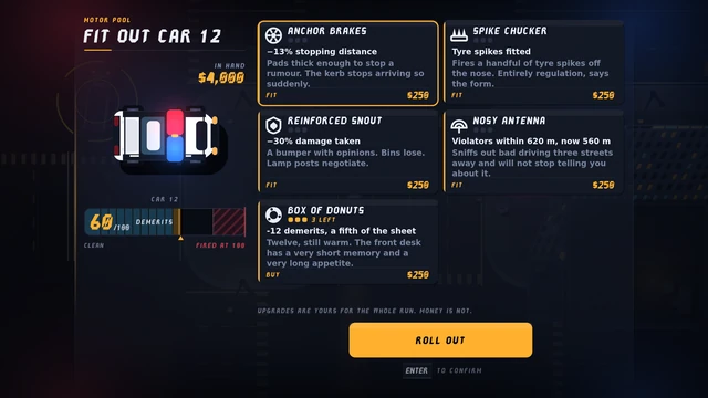 FIT OUT CAR 12: $4,000 in hand, the car drawn top-down over a demerit meter at 60/100, and five cards with blurbs: Anchor Brakes, Spike Chucker, Reinforced Snout, Nosy Antenna and Box of Donuts, each $250, with ROLL OUT below.