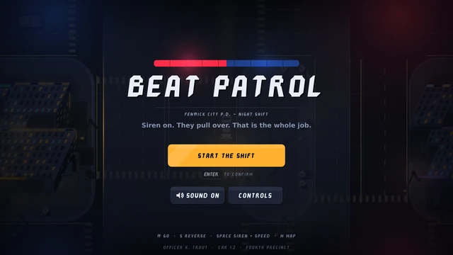The title screen over a blurred night city: a red and blue light-bar strip, the wordmark in the game's drawn face, and an amber start button.