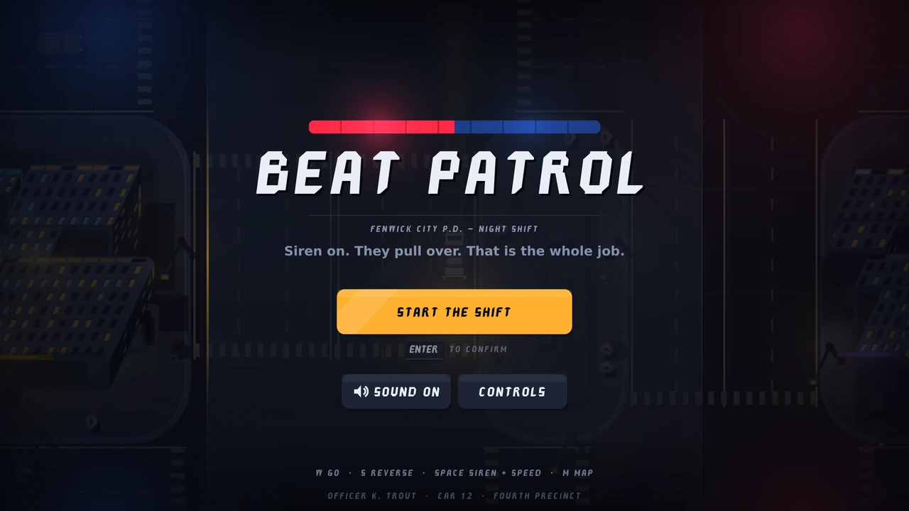 The title screen over a blurred night city: a red and blue light-bar strip, the wordmark in the game's drawn face, and an amber start button.